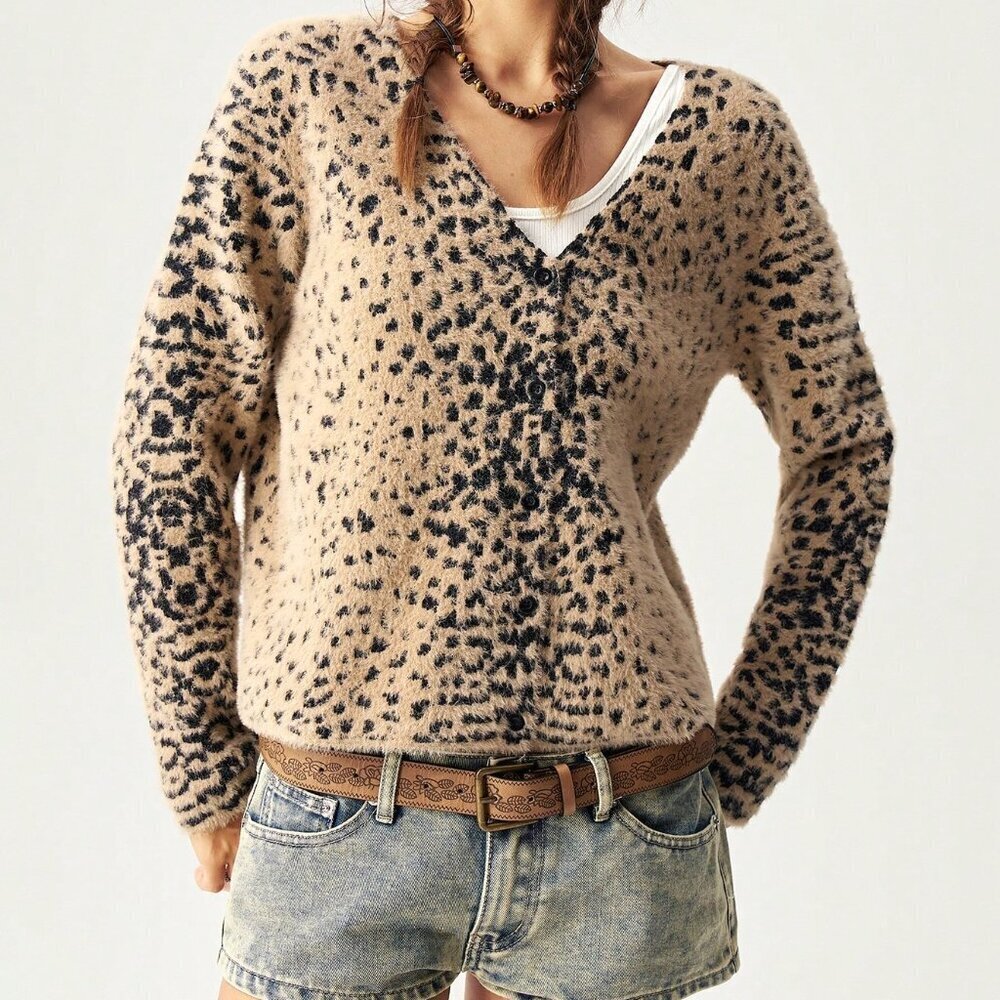 Brown Casual Women's Leopard Print V-Neck Cardigan Sweater - Picture 7 of 8